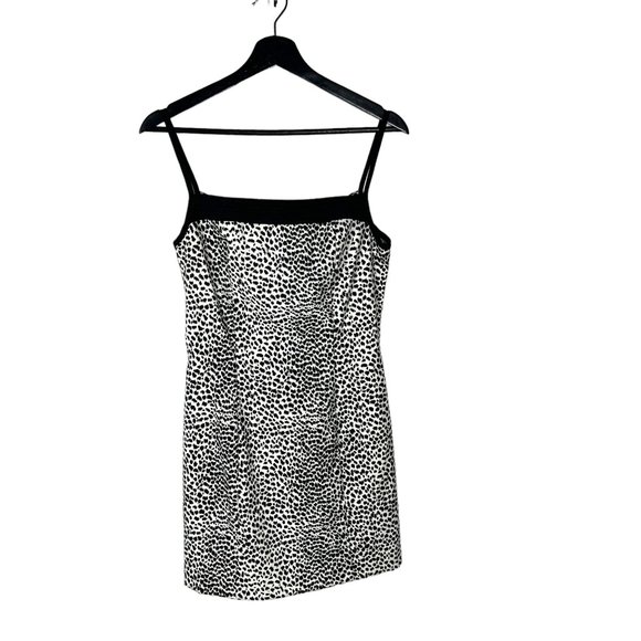 Vintage 90s Black White Cheetah Print Spaghetti Strap Bodycon Short Dress 9 - Picture 1 of 10